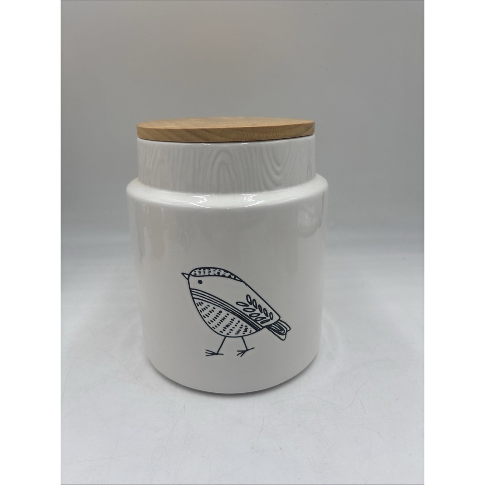 Pier 1 Bird Canister Jar Chickadee Titmouse Black White Ceramic Wood Lid Vintage